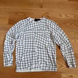 Armani Exchange White and Navy Grid Crewneck Long Sleeve Tshirt